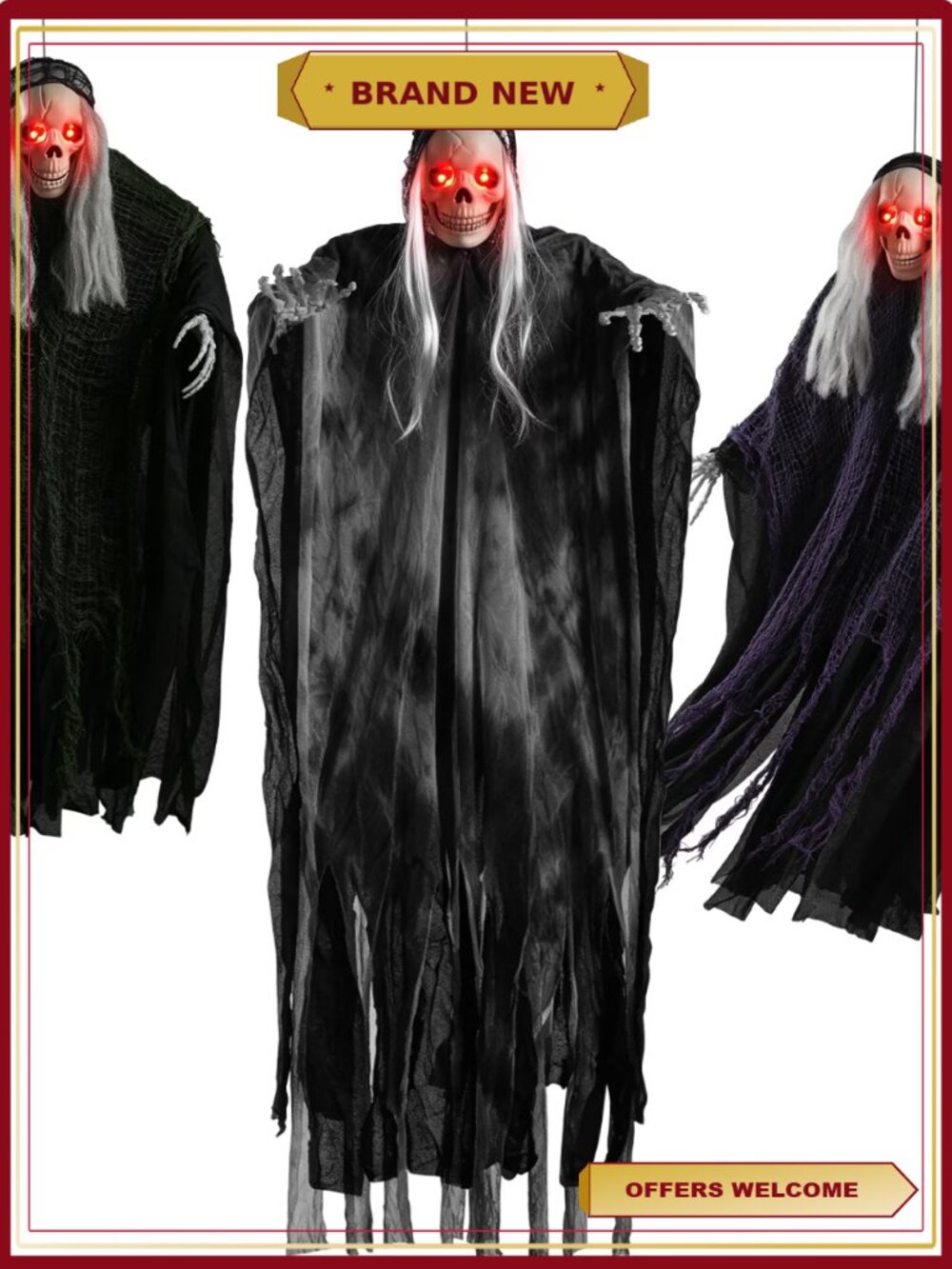 3-Pack Hanging Skeleton Ghosts Halloween Decor Grim Reaper Outdoor Indoor
